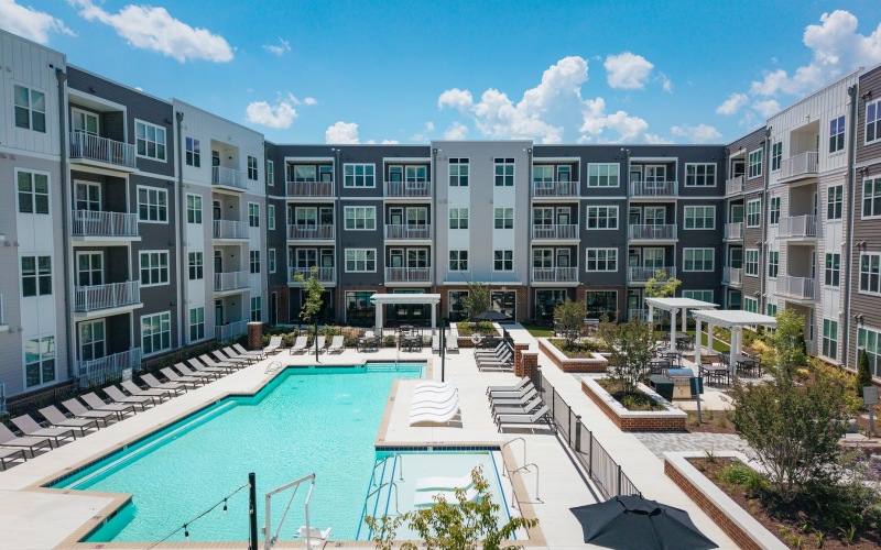 Resort-style swimming pool at Madison Ironbridge apartments in Chesterfield Virginia.